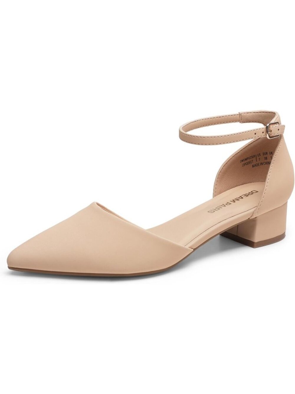 Women's Nude Low Heel Pumps Pointed Toe Comfort Casual Ankle Strap Shoes